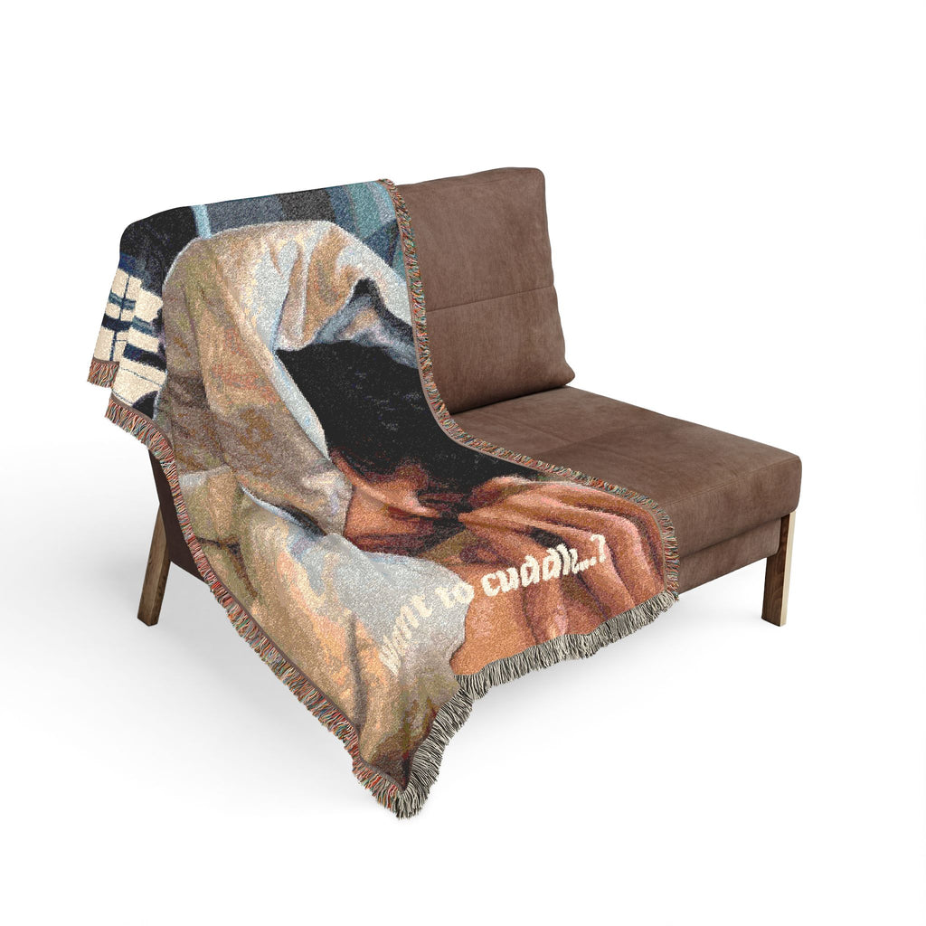 Woven Blanket — 'Want to Cuddle?' Cozy Throw Blanket with Romantic Couple Design