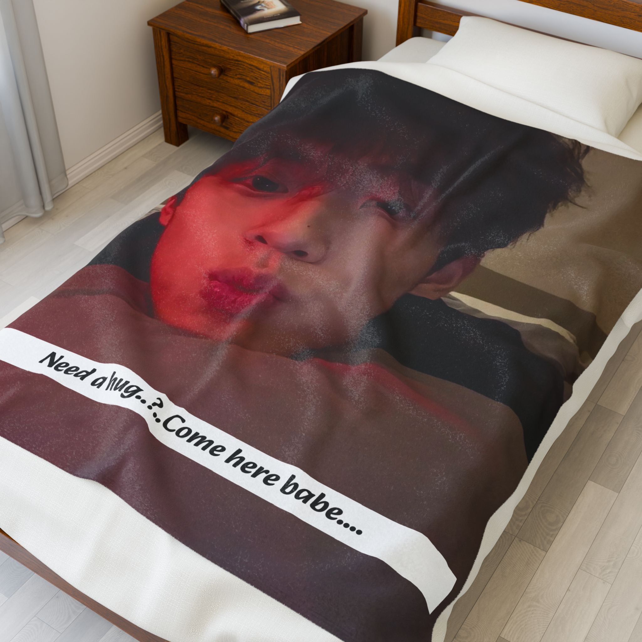 Velveteen Plush Blanket — Romantic Photo Throw with "Need a hug..? Come here babe..." Text