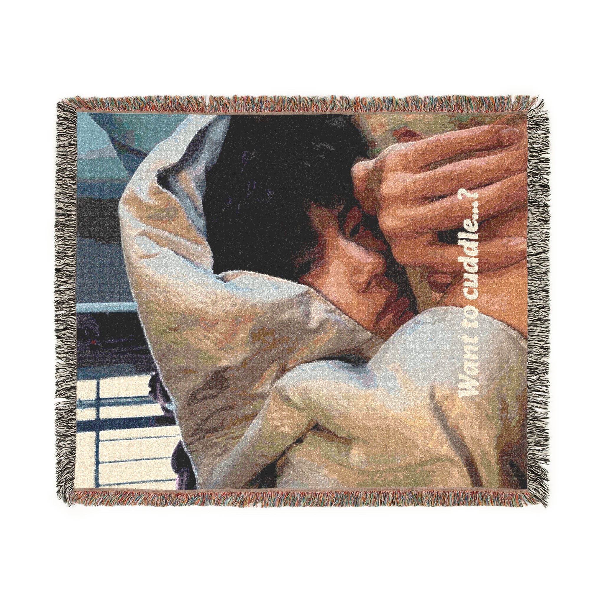 Woven Blanket — 'Want to Cuddle?' Cozy Throw Blanket with Romantic Couple Design
